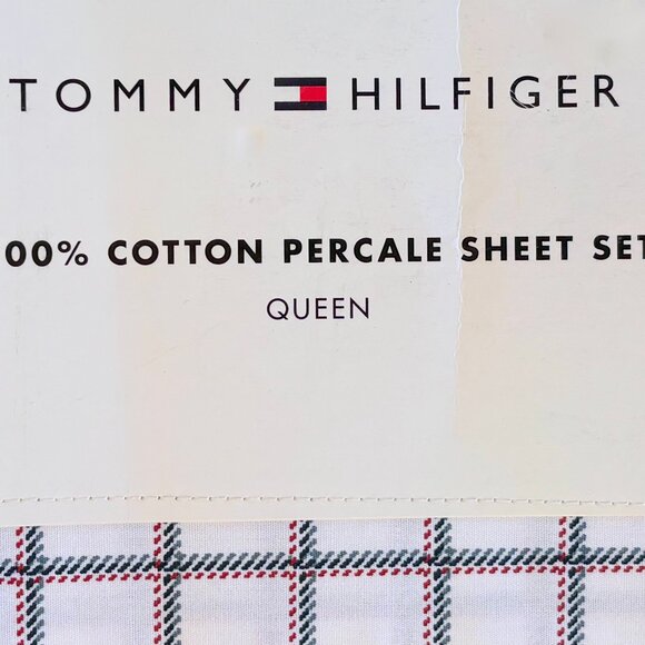 Tommy Hilfiger Queen Size 100% Crisp Cotton Percale Red Blue Plaid Sheet Set - Picture 3 of 4